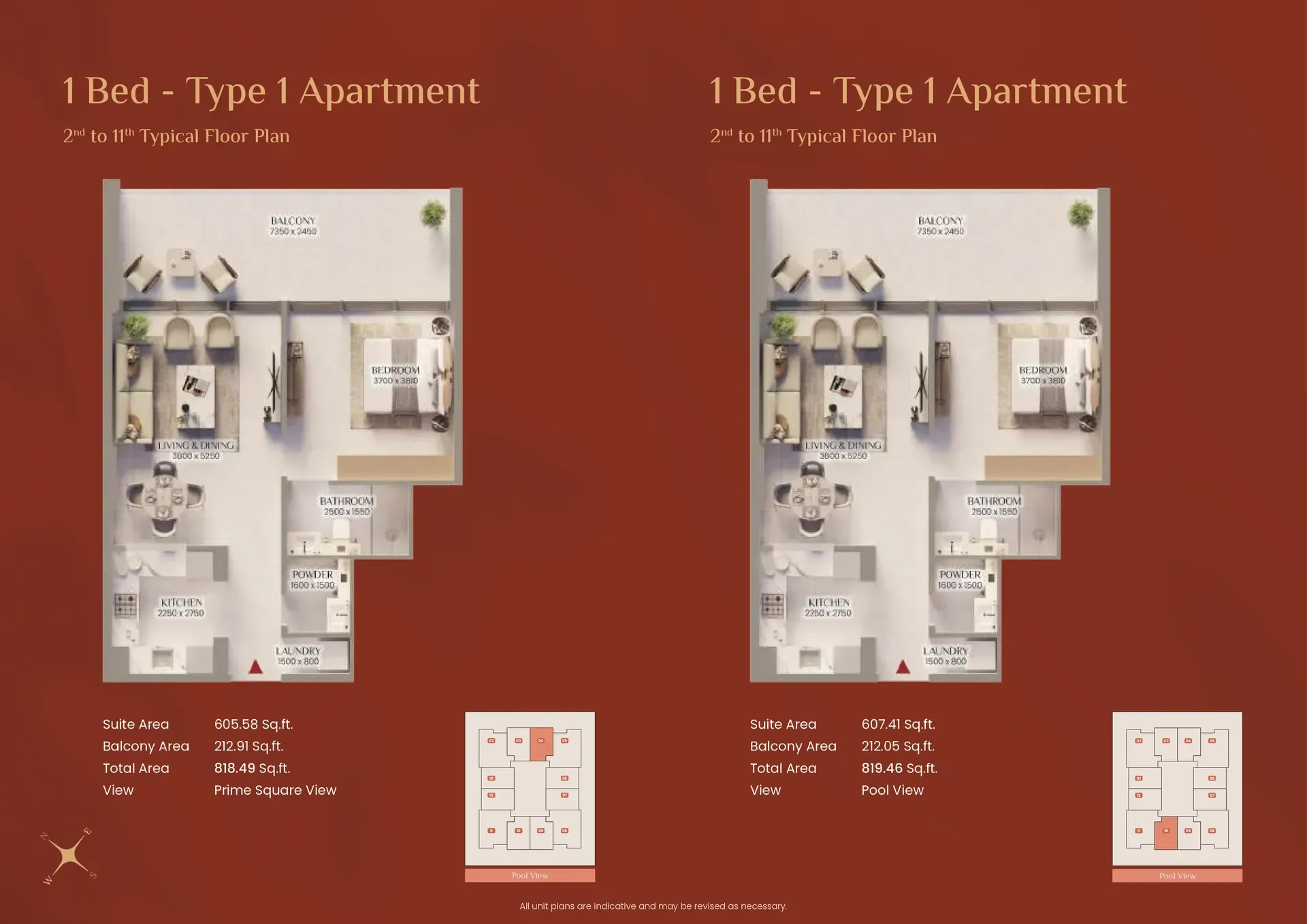 1-bed Type 1 floor plans
