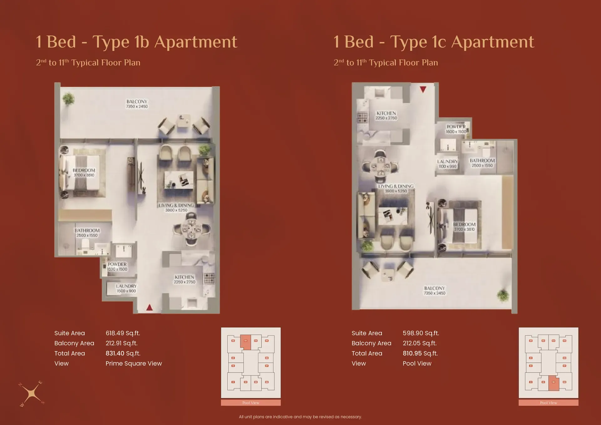 1-bed Types 1b and 1c floor plans