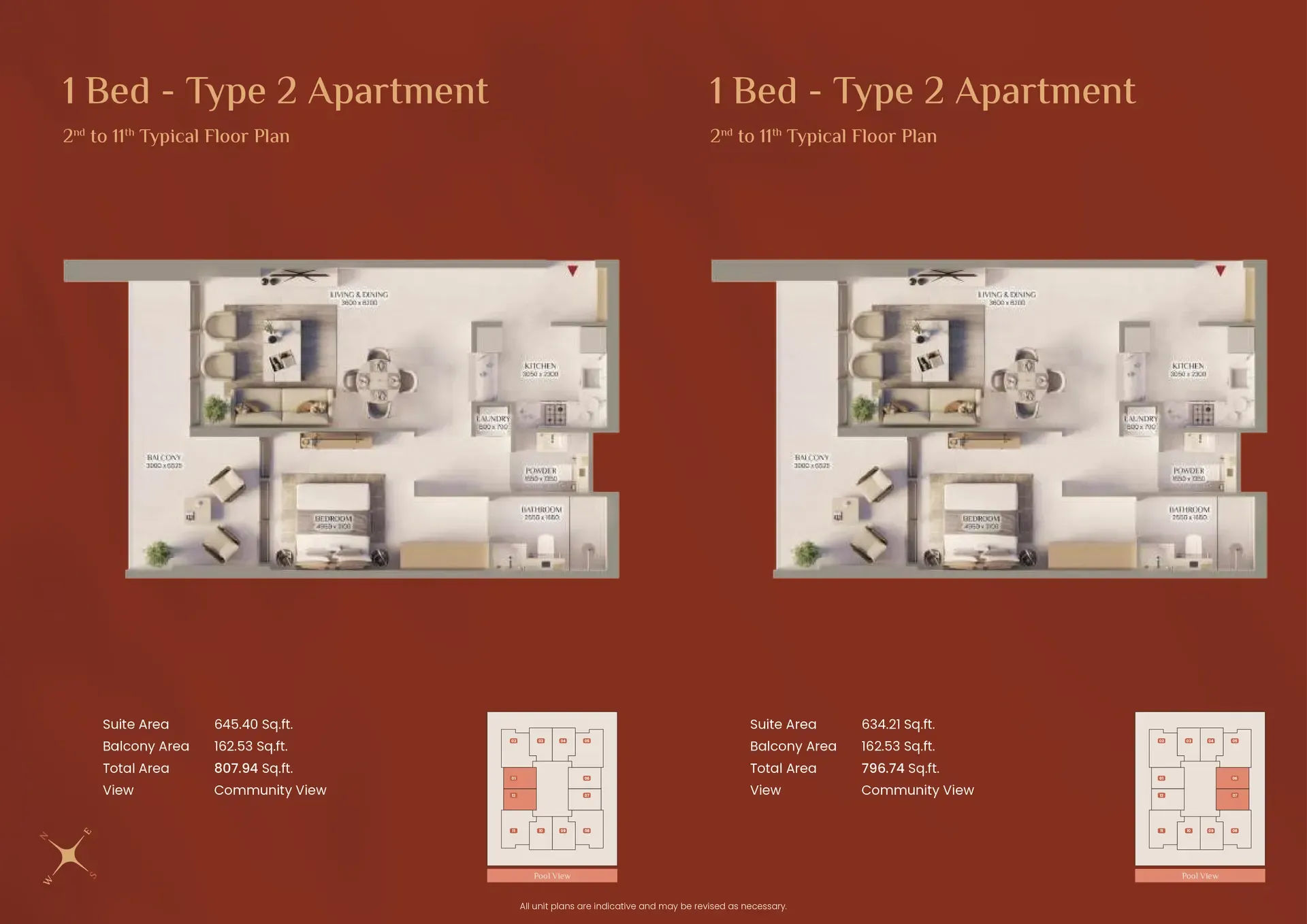 1-bed Type 2 floor plans