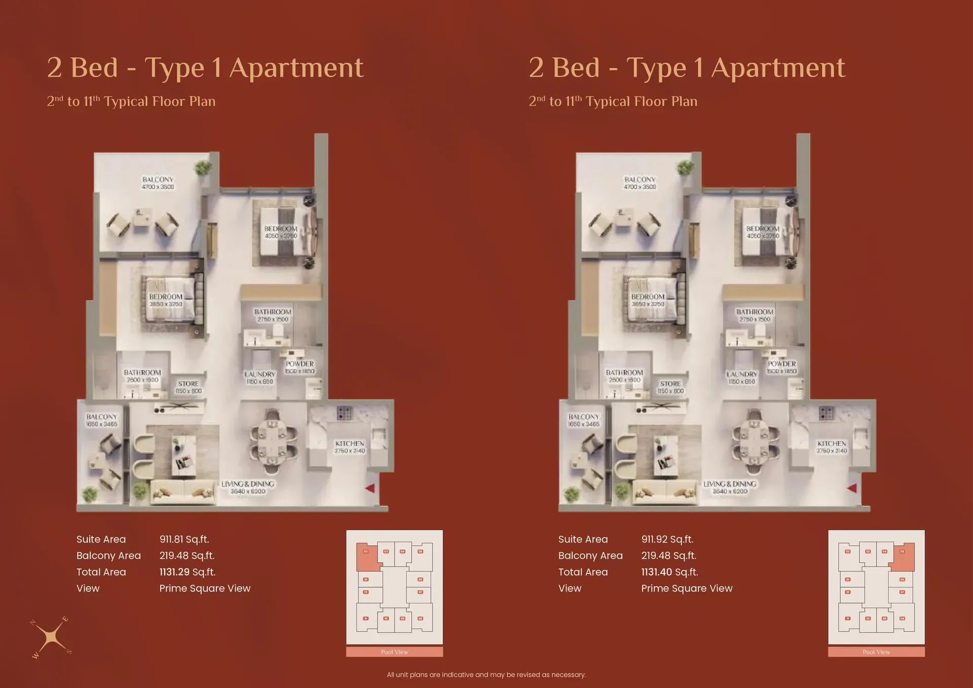 2-bed Type 1 floor plans