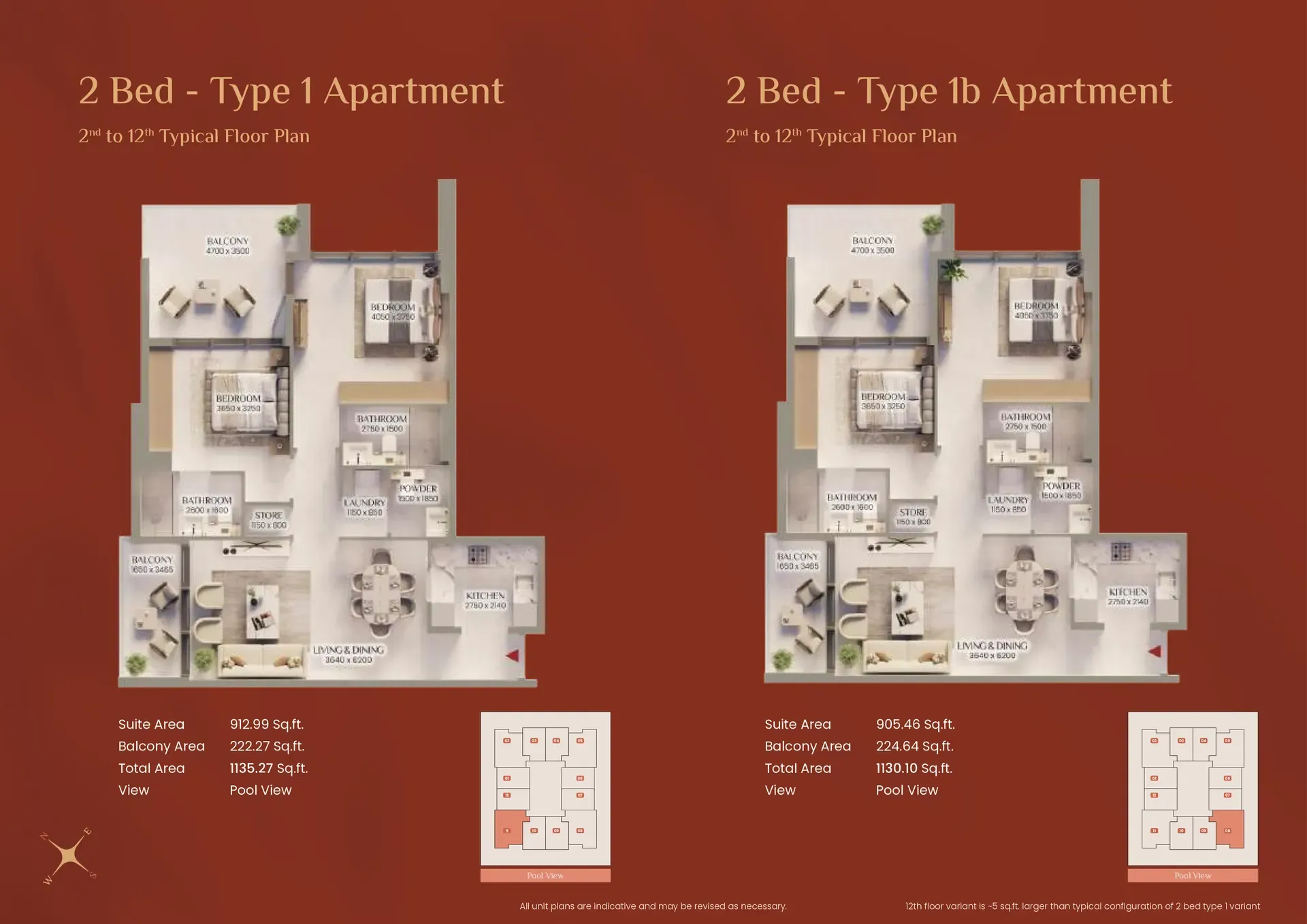 2-bed Type 1 and 1b variant floor plans