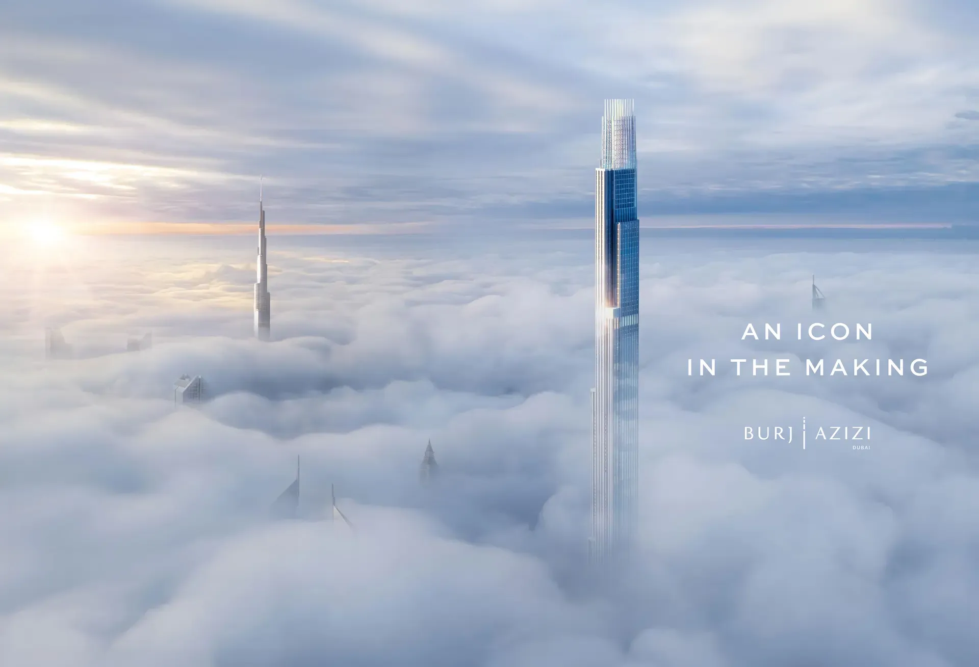 Photo-realistic render of Burj Azizi rising above clouds with Burj Khalifa visible to the left, showcasing the tower's height and prominence with tagline 'An Icon in the Making'.