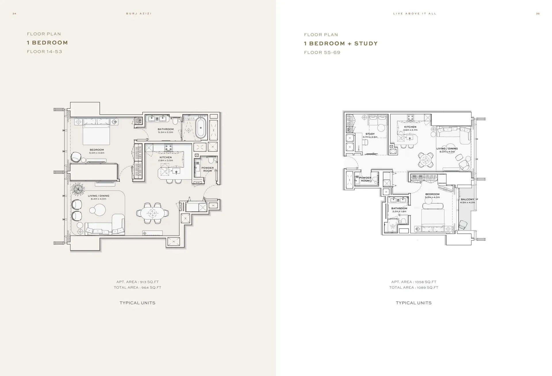 Two apartment layout diagrams labeled 1 Bedroom (Floor 14-53) and 1 Bedroom + Study (Floor 55-69) showing living spaces, bedrooms, bathrooms, kitchen, powder room, and balconies with total area measurements in square feet.