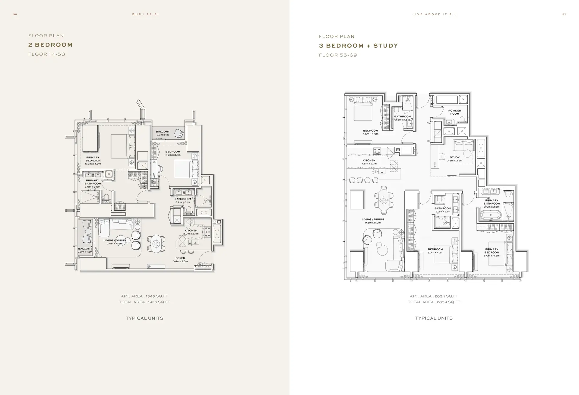 Two apartment layout diagrams showing 2 Bedroom (Floor 14-53) and 3 Bedroom + Study (Floor 55-69) units with detailed room layouts including primary bedrooms, secondary bedrooms, bathrooms, kitchen, study, living/dining areas, balconies, and total area measurements.