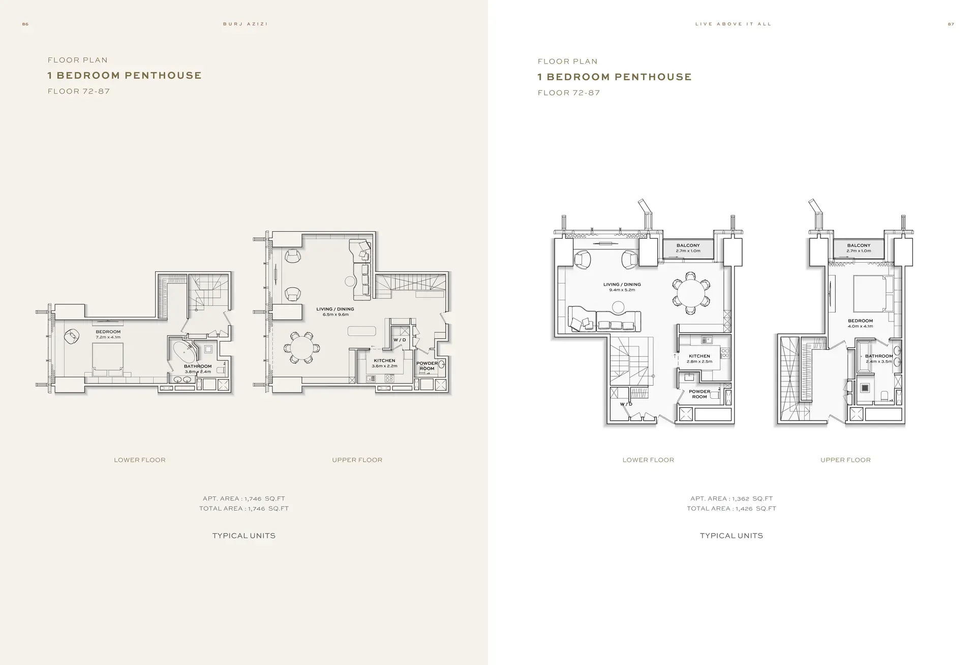 Four unit floor plan layouts for 1 bedroom penthouse on floors 72-87, showing lower and upper floor configurations with labeled rooms (living/dining, bedroom, kitchen, bathroom, powder room, balcony) and total areas of 1,746 sq ft and 1,362 sq ft respectively.