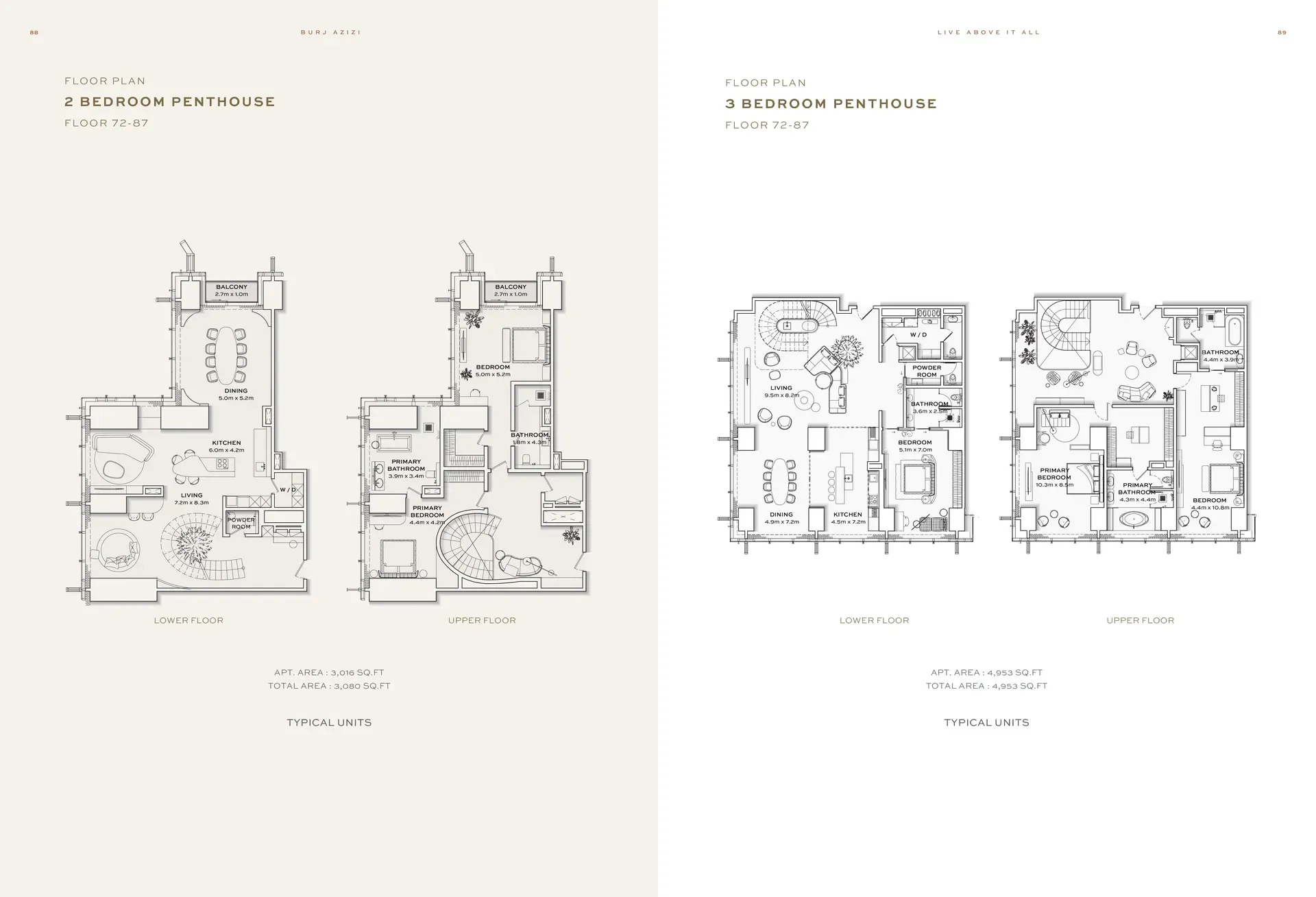 Two unit floor plans side-by-side: 2-bedroom penthouse (left, floors 72-87) and 3-bedroom penthouse (right, floors 72-87) with lower and upper floor layouts, labeled room dimensions, and typical unit areas.