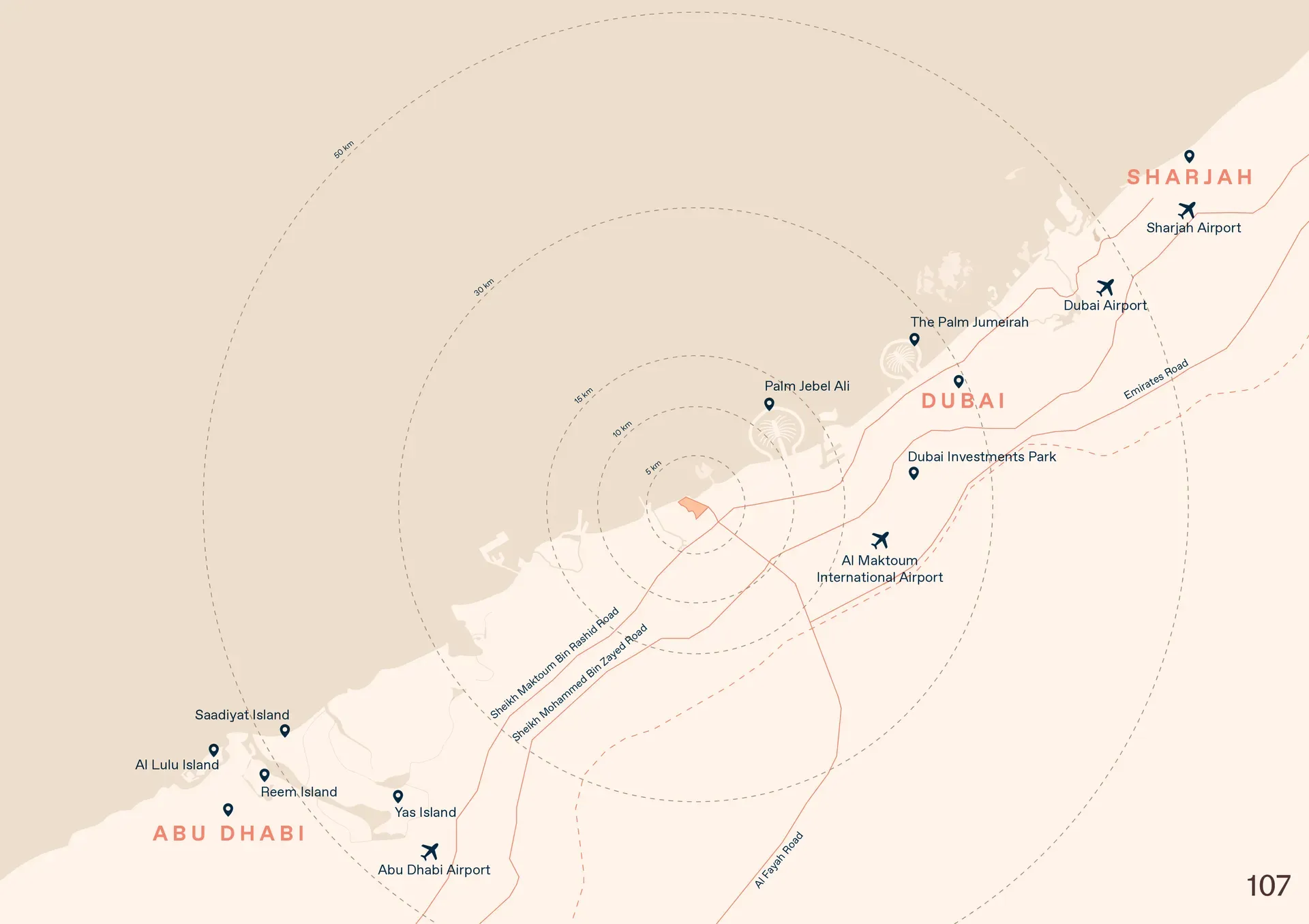 Stylized accessibility map showing BaYn's location relative to major UAE landmarks and airports including Sharjah Airport, Dubai Airport, Al Maktoum International Airport, The Palm Jumeirah, Palm Jebel Ali, and islands (Al Lulu, Reem, Yas, Saadiyat) with concentric distance rings.