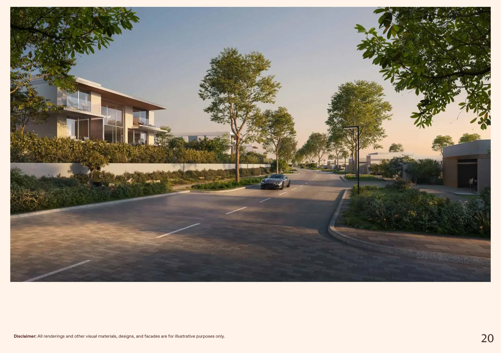 Photo-realistic rendering of a modern two-story villa entrance with horizontal lines, large glazing, and white walls, viewed from a paved community street lined with mature trees and landscaping.