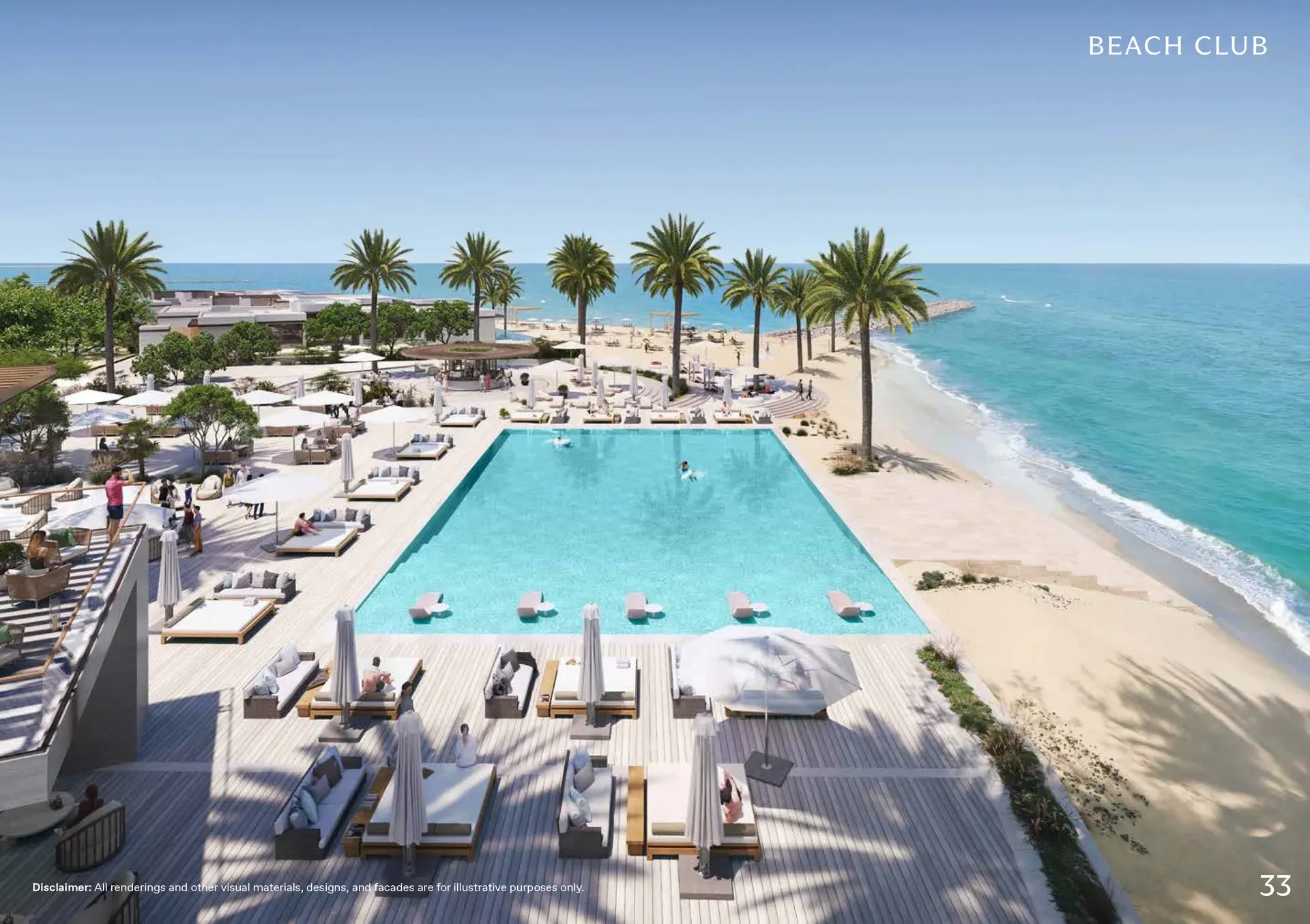 Beach Club amenity render featuring a turquoise swimming pool, white sun loungers, palm trees, sandy beach with ocean waterfront, and recreational facilities overlooking the coastline.