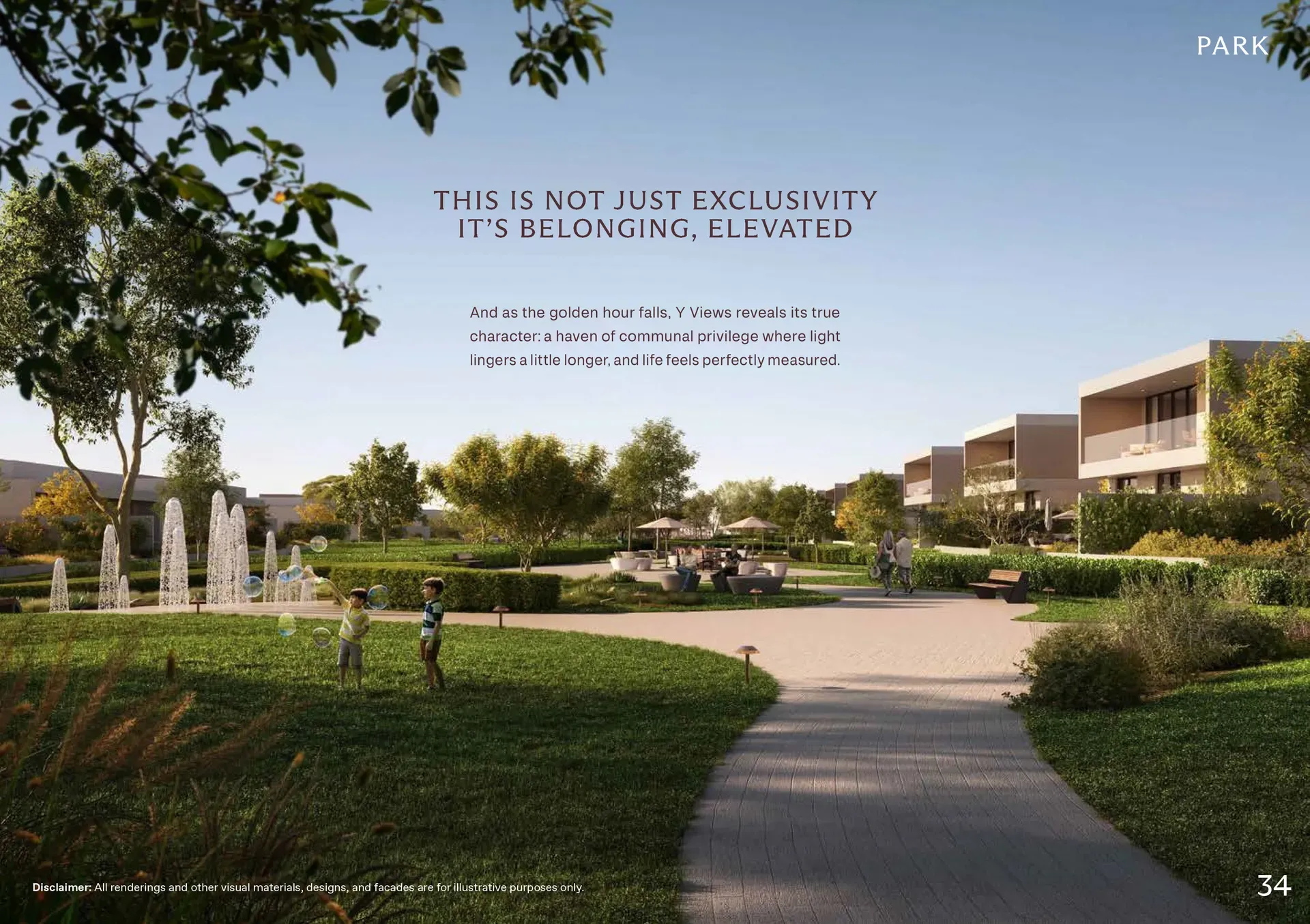 Park amenity render showing a landscaped communal green space with manicured lawns, walking pathways, trees, seating areas, and residential buildings in the background with overlaid marketing text.