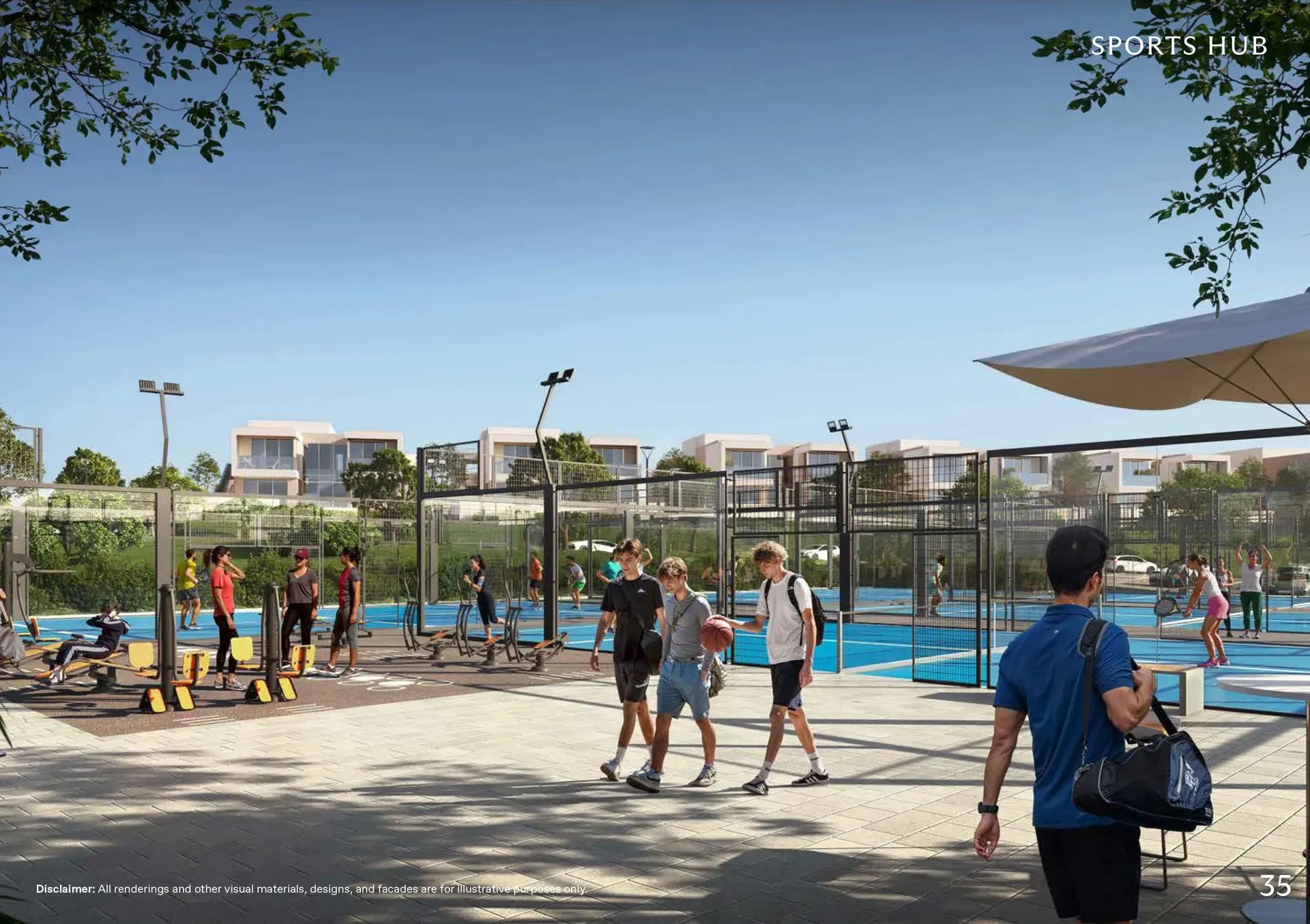 Sports Hub amenity render depicting multiple blue sports courts with fencing, recreational activities, training facilities, shade structures, and residential buildings visible in the background.