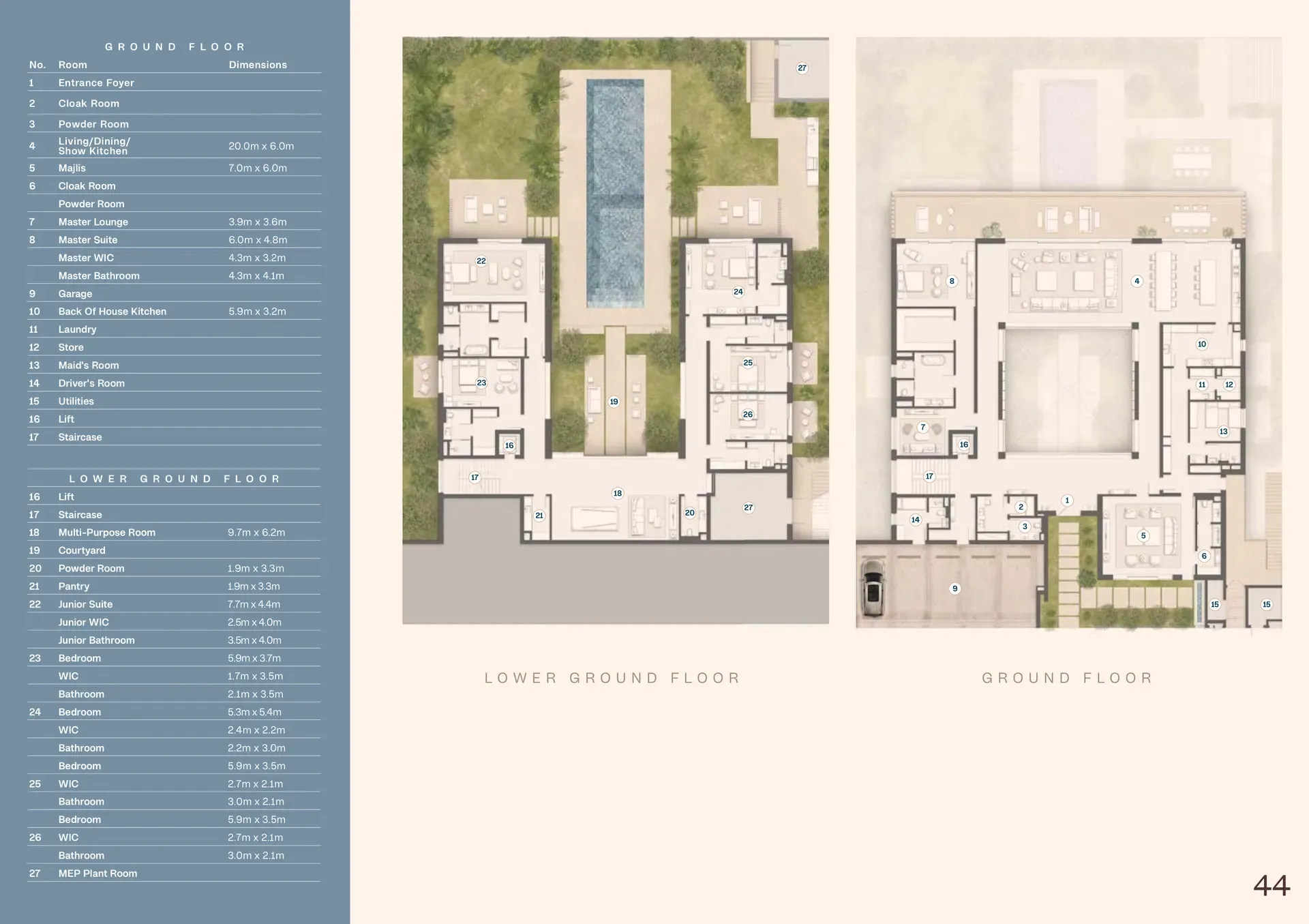 Detailed ground and lower ground floor plans with labeled room dimensions, overhead landscape courtyard view in center, comprehensive room legend on left side, and numbered room identification throughout both floor levels.