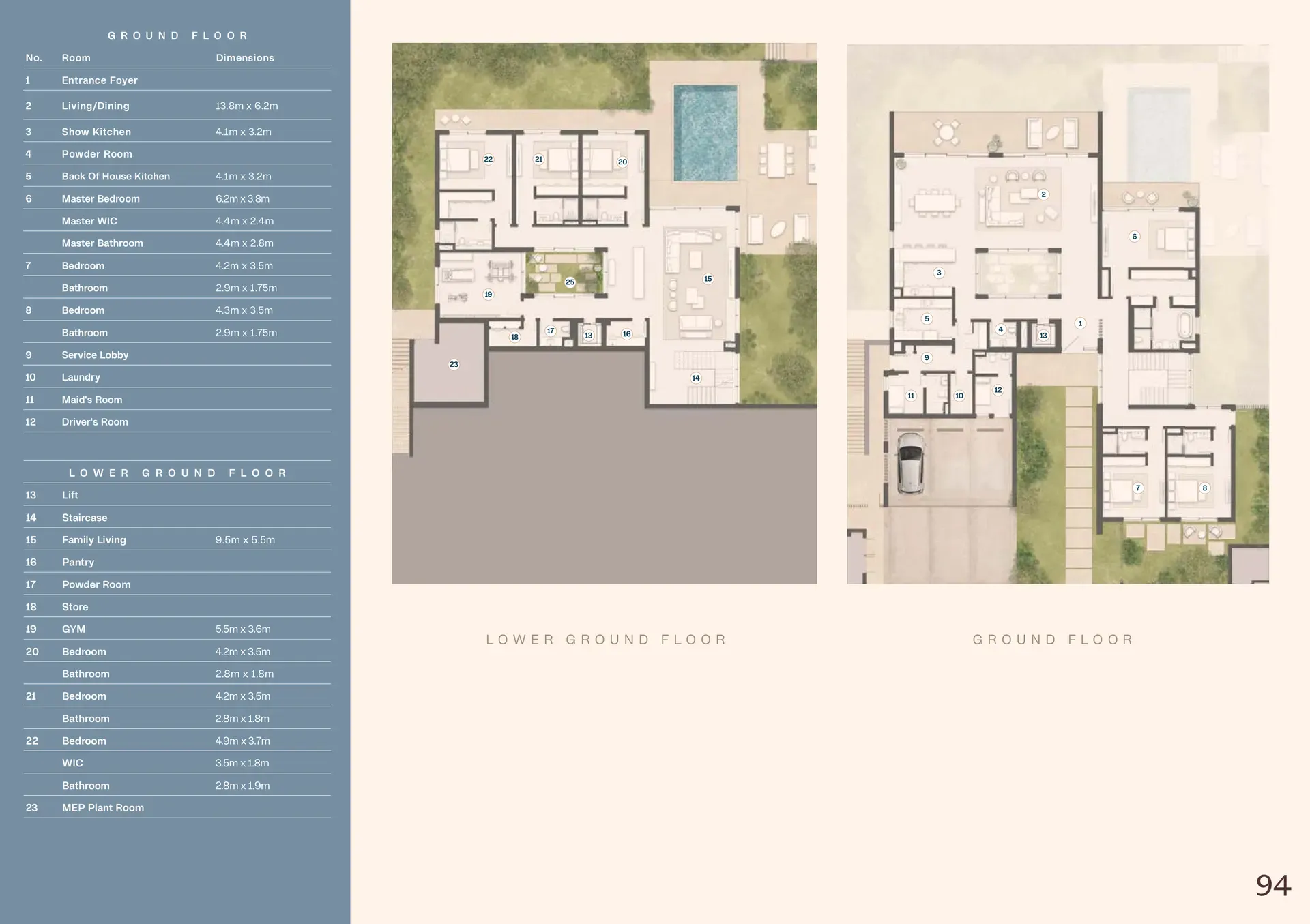 Ground floor and lower ground floor architectural plans for a villa showing room layouts with numbered spaces (Z2, Z1, Z0, etc.), a swimming pool, landscaping, and a comprehensive legend listing room dimensions including living/dining, master bedroom, kitchen, bedrooms, bathrooms, and service areas.