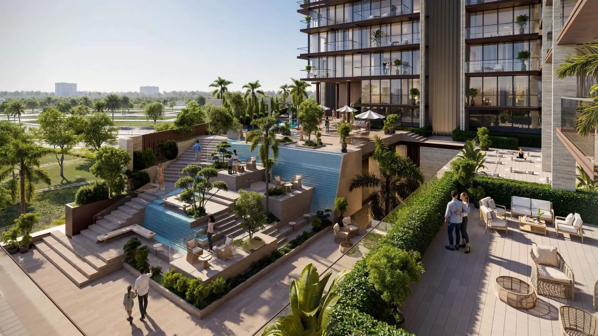 Resort-style pool at Seacliff, overlooking Dubai skyline